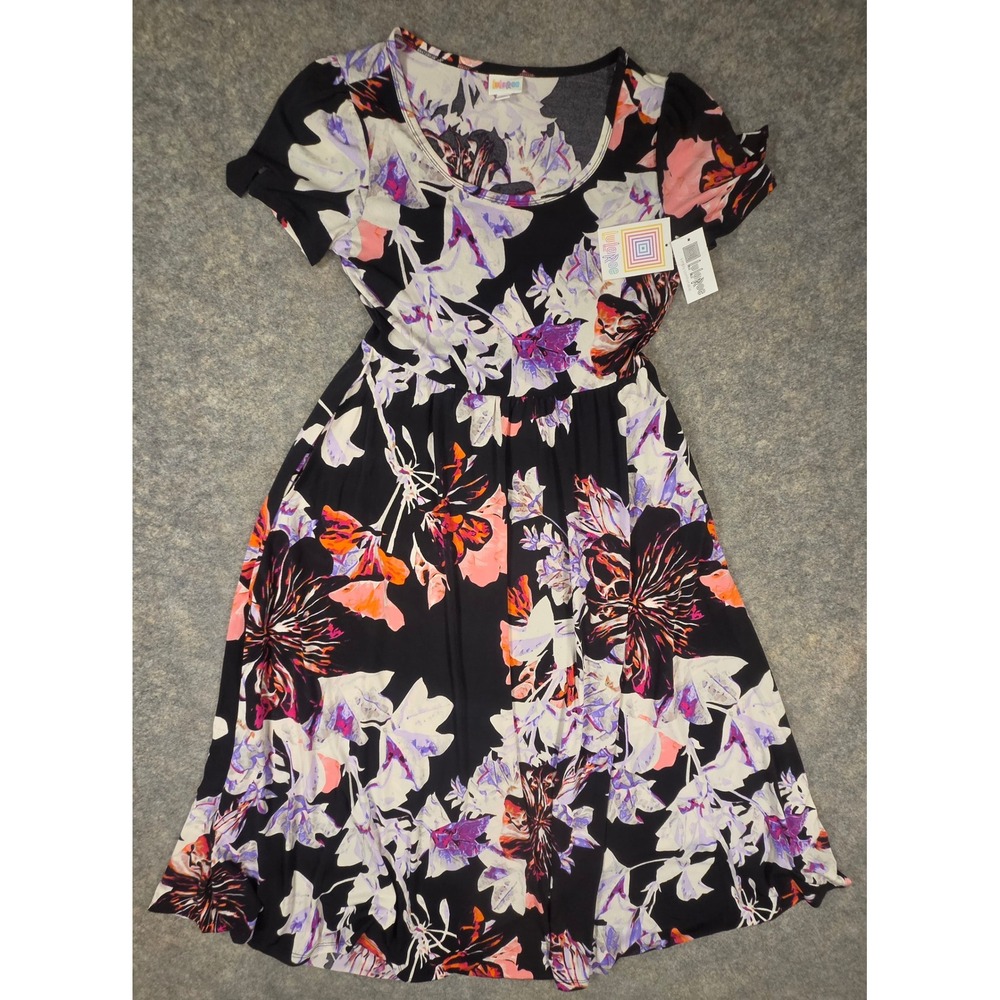 LuLaRoe Riley Dress Womens Medium Black Floral Short Sleeve Midi NWT NEW